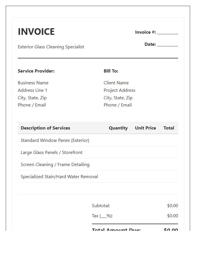 Exterior Glass Cleaning Project Invoice Template