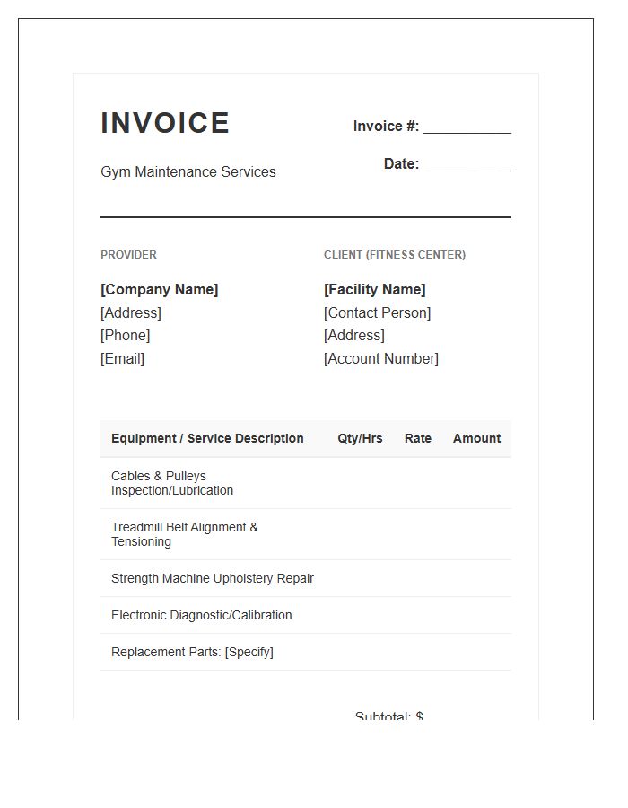 Gym And Fitness Center Maintenance Invoice Template