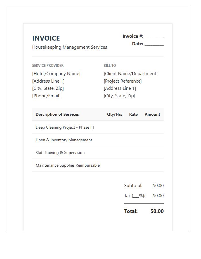 Hotel Housekeeping Management Project Invoice Template