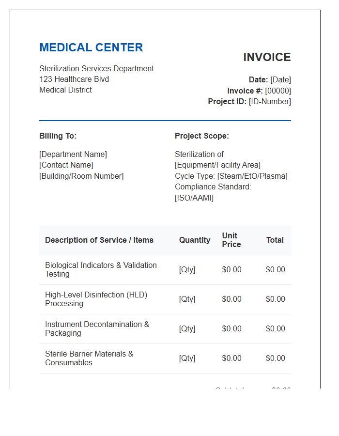 Medical Center Sterilization Project Invoice Template