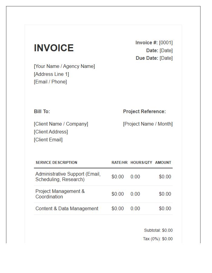 Business Support Virtual Assistant Project Invoice Template