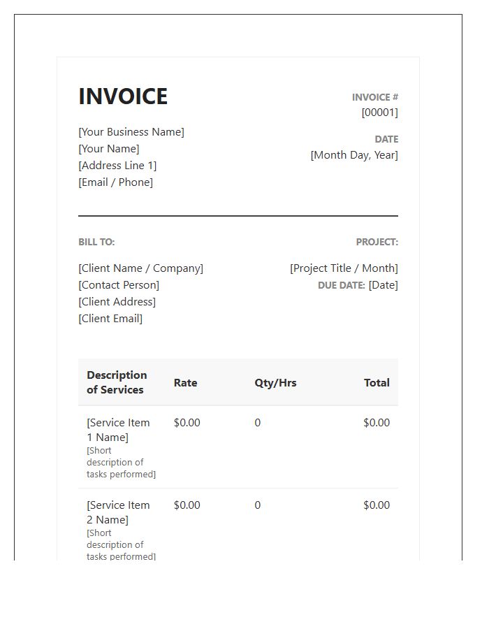 Comprehensive Virtual Assistant Project Invoice Template