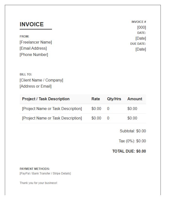 Freelance Virtual Assistant Project Invoice Template