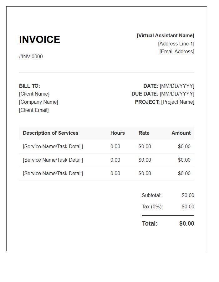 Hourly Virtual Assistant Project Invoice Template