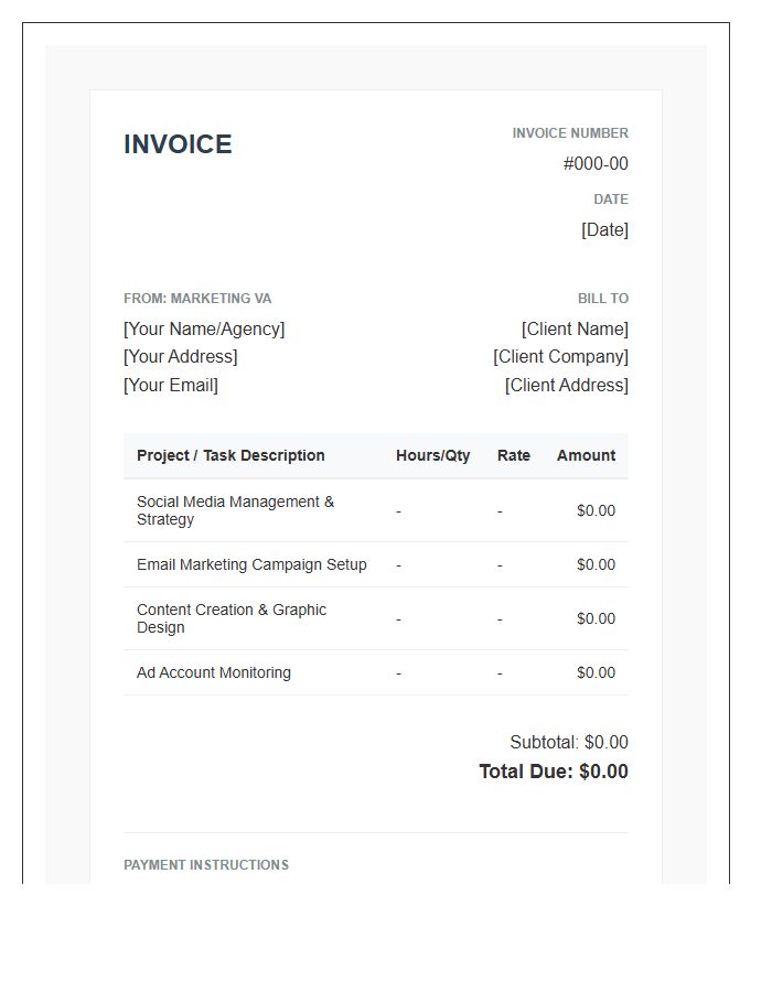Marketing Virtual Assistant Project Invoice Template