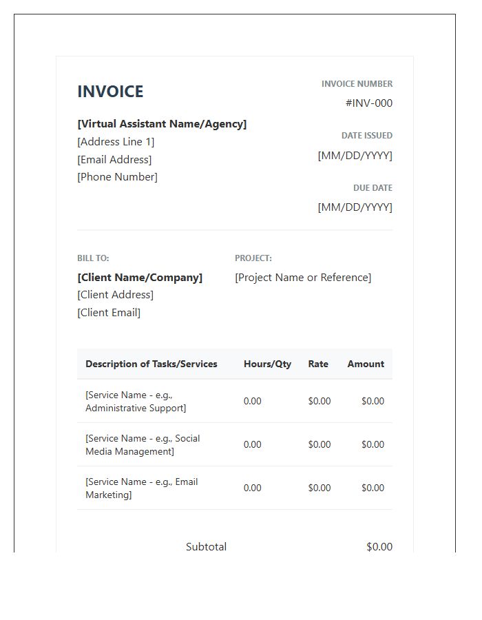 Professional Virtual Assistant Project Invoice Template
