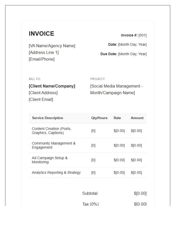 Social Media Virtual Assistant Project Invoice Template