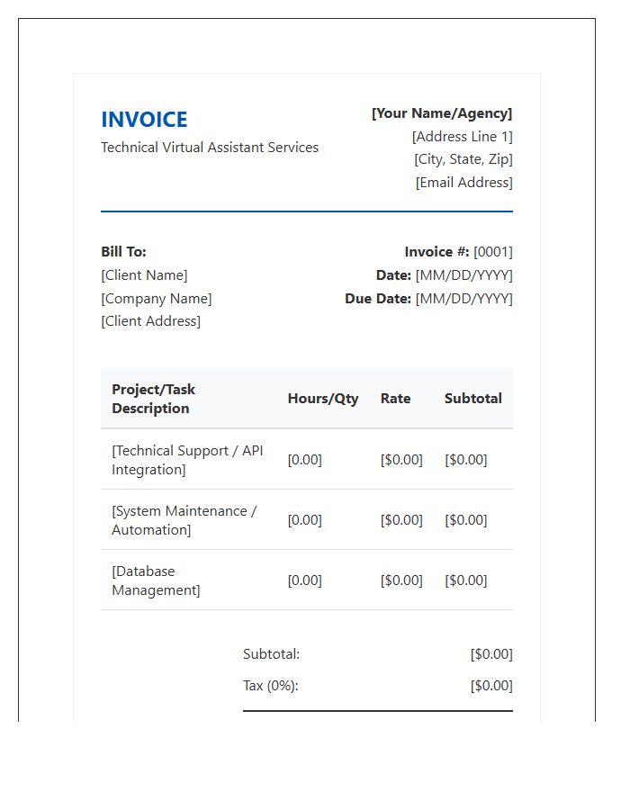 Technical Virtual Assistant Project Invoice Template
