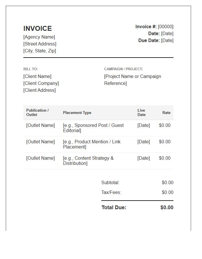 Editorial Placement Services Invoice Template