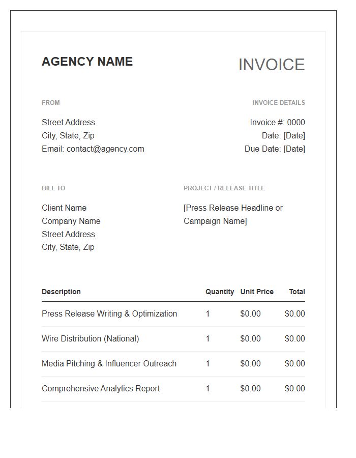 Press Release Distribution Invoice Template