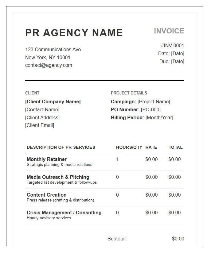 Public Relations Agency Project Invoice Template
