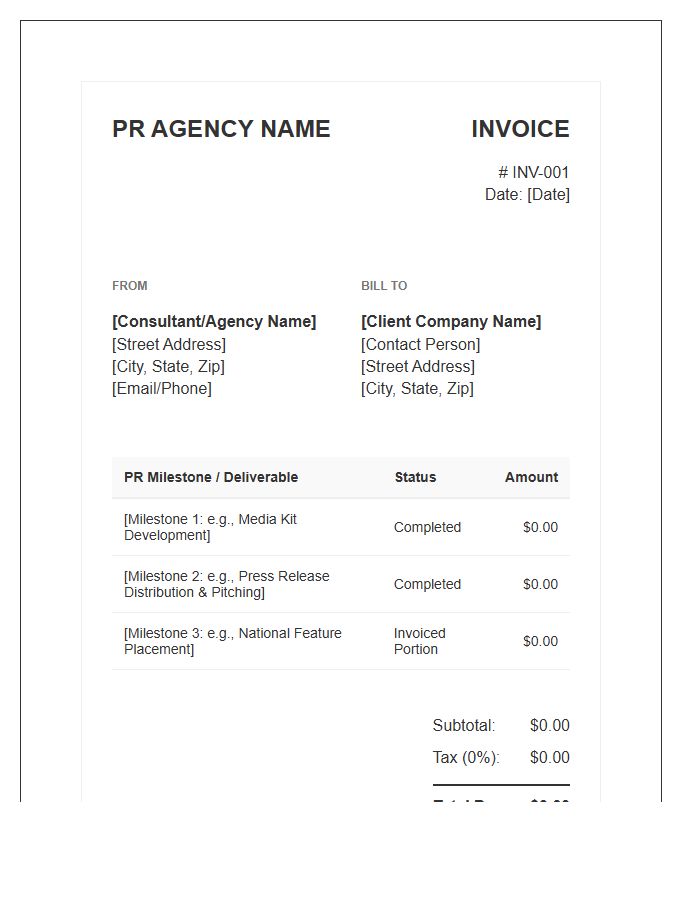 Public Relations Milestone Billing Invoice Template