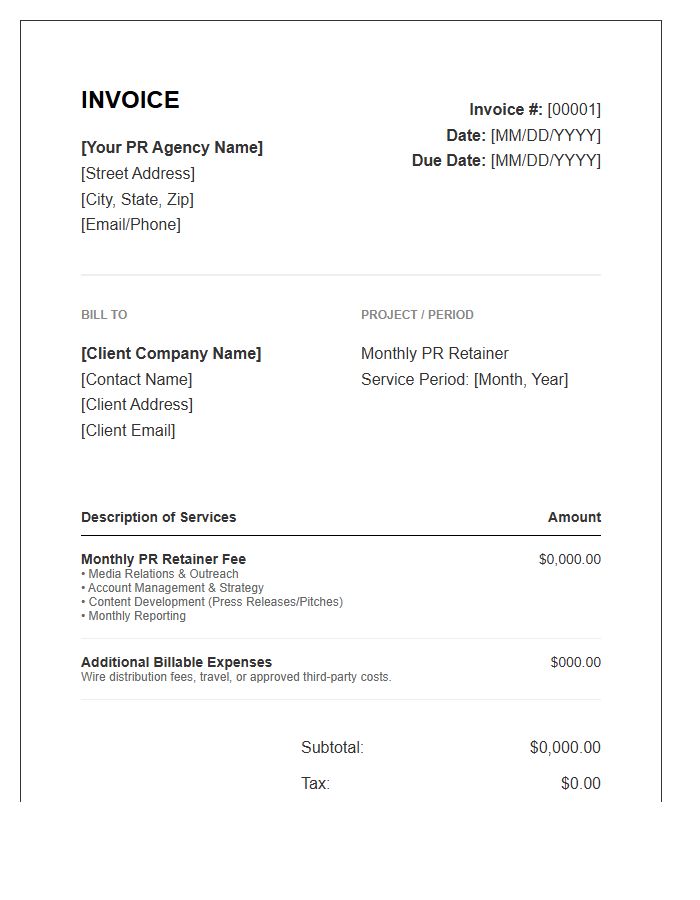 Public Relations Monthly Retainer Invoice Template