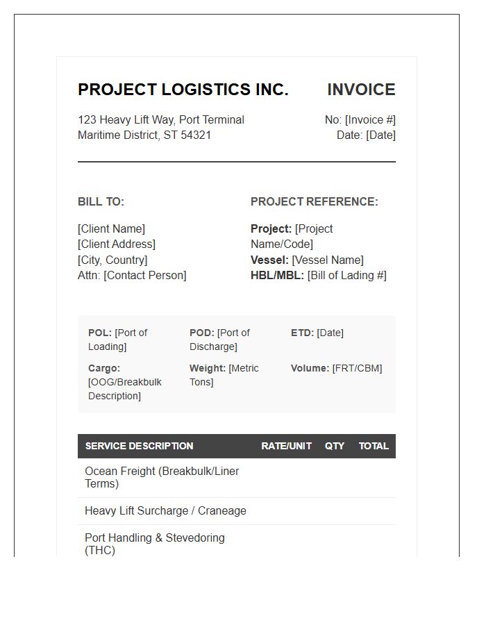 Breakbulk Project Freight Logistics Invoice Template