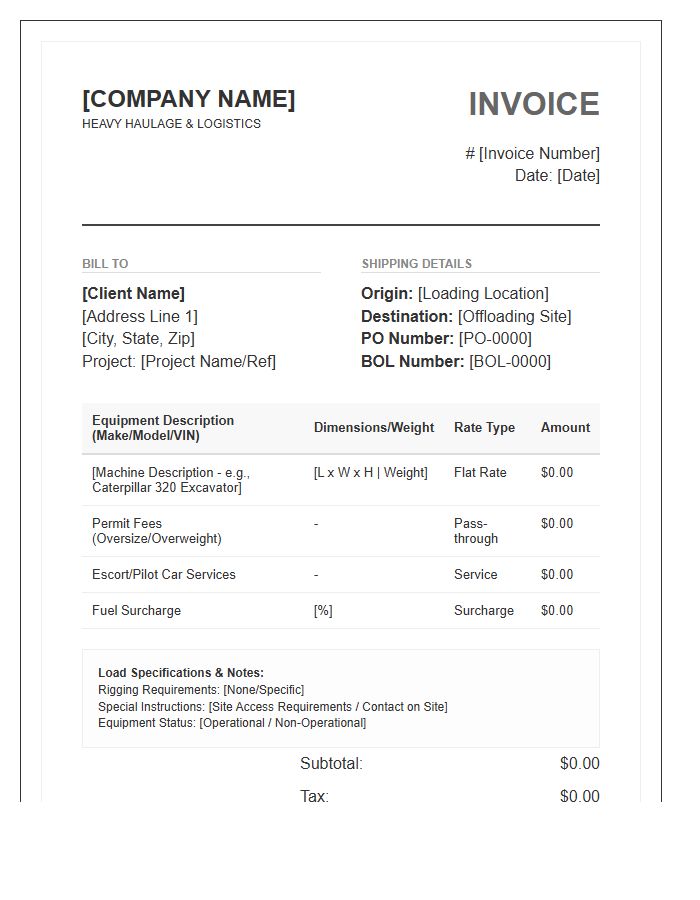 Construction Equipment Project Freight Invoice Template
