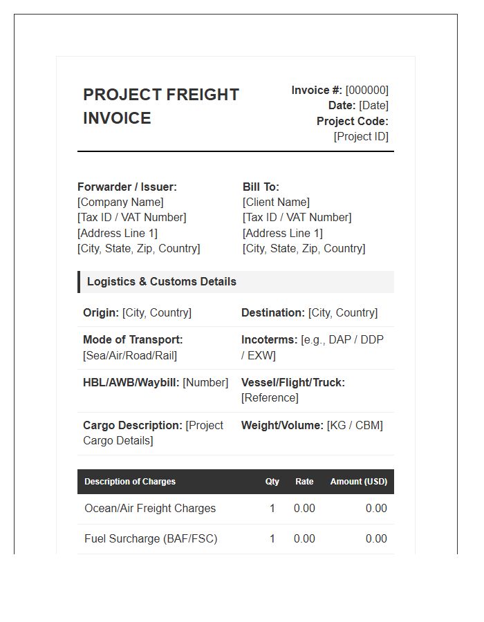 Cross Border Project Freight Invoice Template