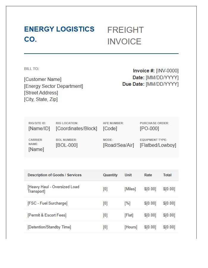 Energy Sector Logistics Freight Invoice Template