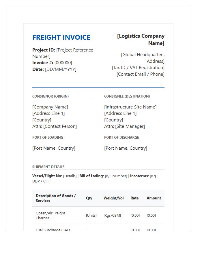 Global Infrastructure Project Freight Invoice Template