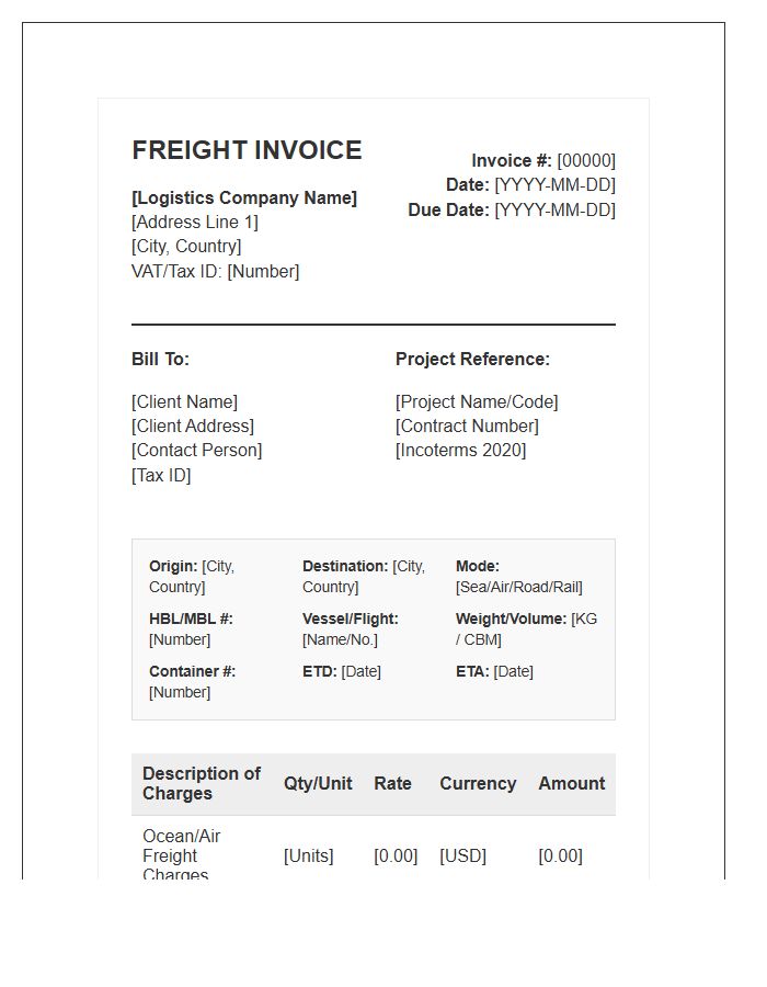 International Logistics Project Freight Invoice Template
