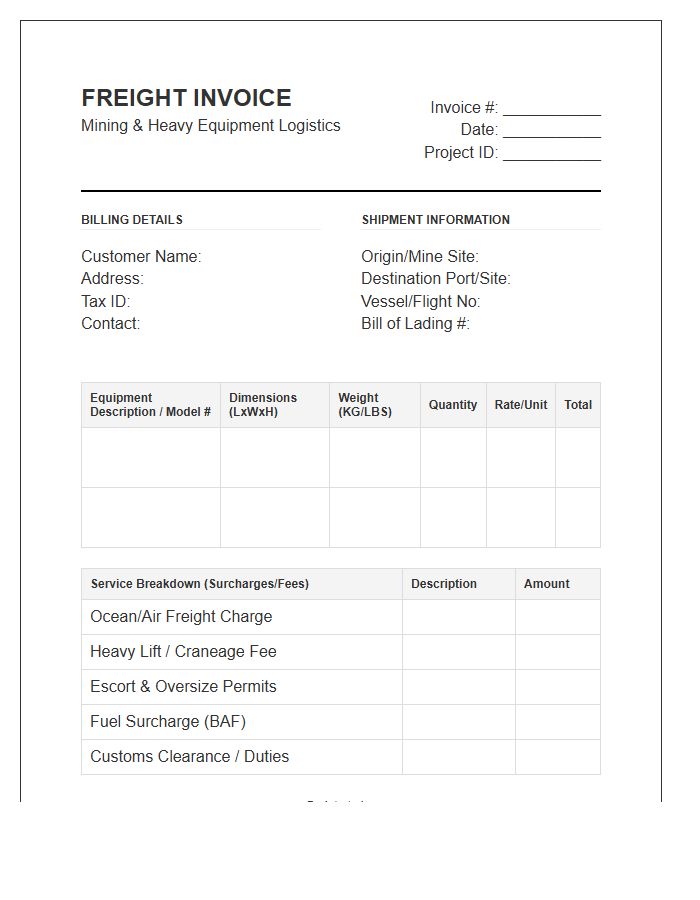 Mining Equipment Project Freight Invoice Template