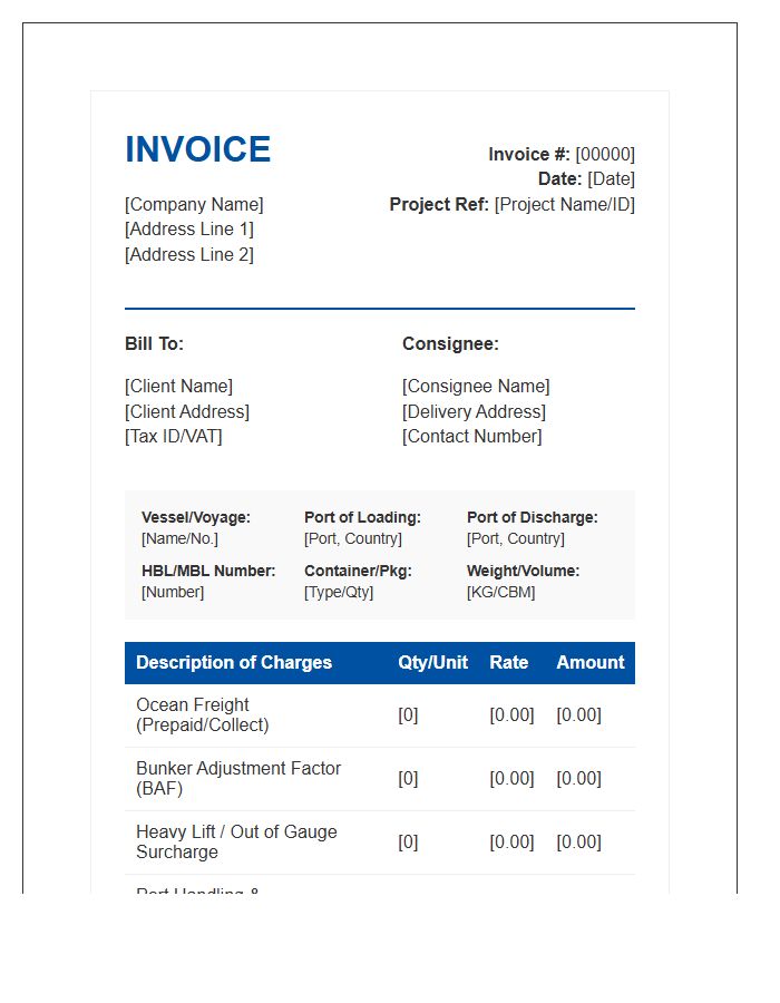 Ocean Freight Project Logistics Invoice Template