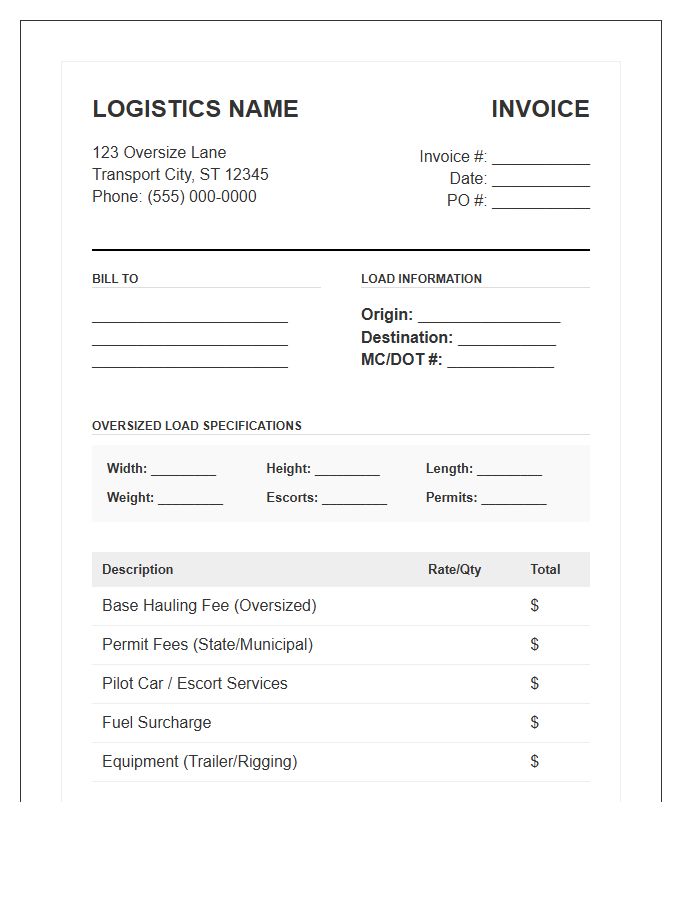 Oversized Load Logistics Billing Invoice Template