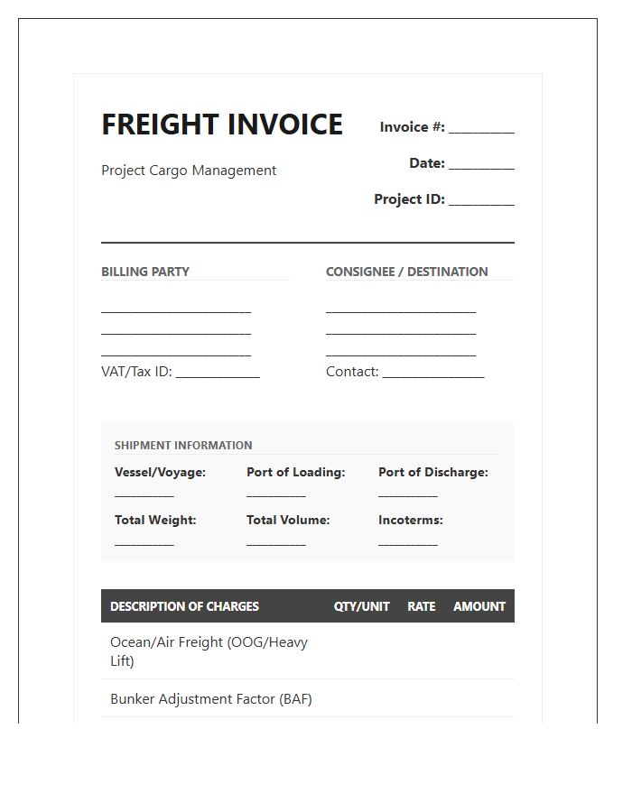 Project Cargo Management Freight Invoice Template