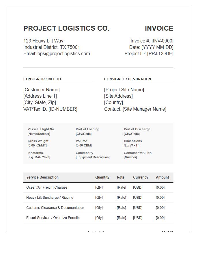 Specialized Project Freight Logistics Invoice Template
