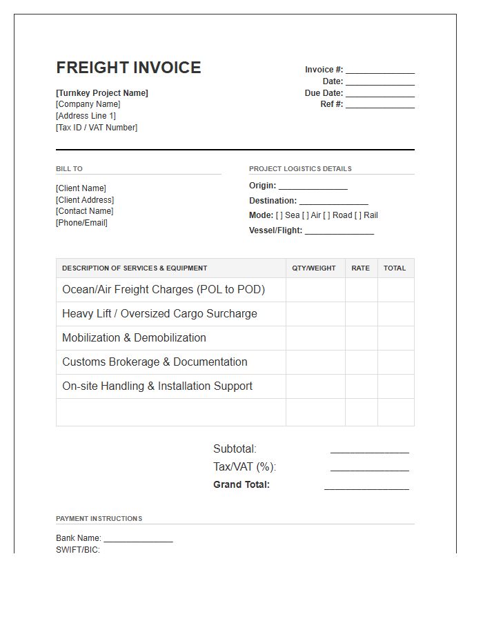 Turnkey Project Logistics Freight Invoice Template