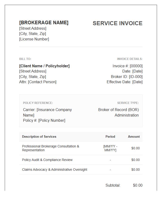 Broker Of Record Service Invoice Template