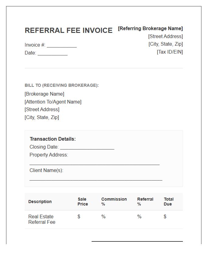 Real Estate Referral Fee Invoice Template