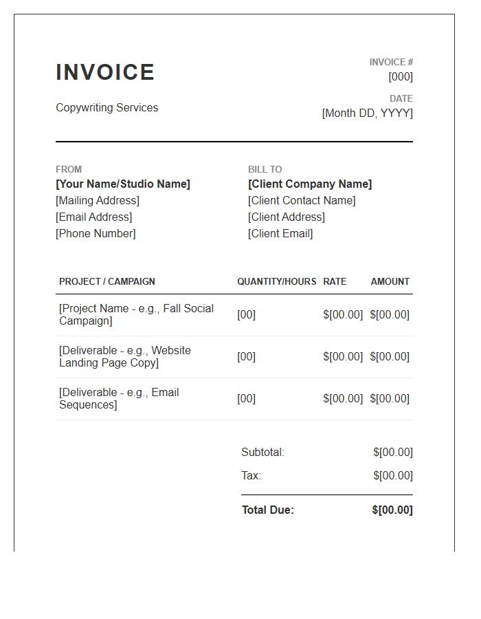 Advertising Copywriter Invoice Template