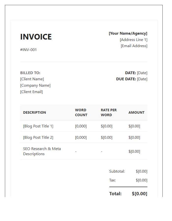 Blog Writing Service Invoice Template