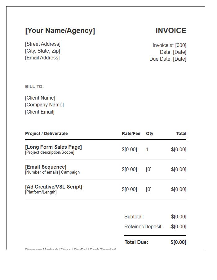 Direct Response Copywriting Invoice Template