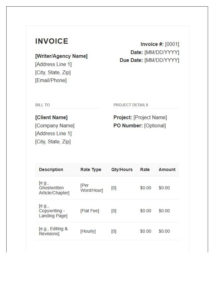 Ghostwriting And Copywriting Invoice Template