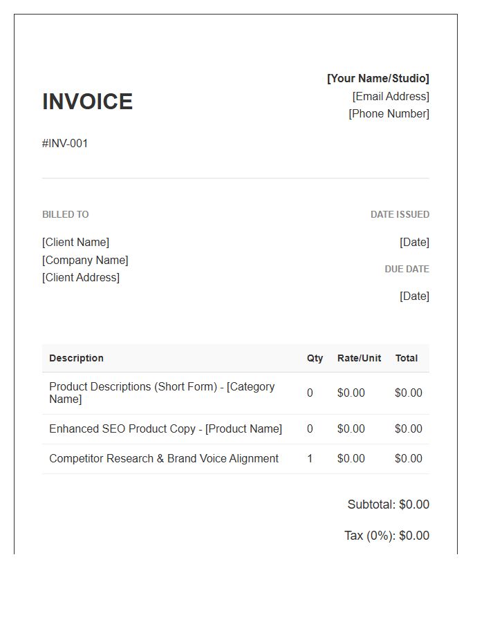 Product Description Copywriting Invoice Template