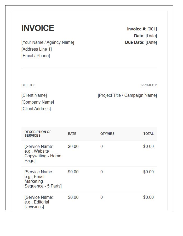 Professional Copywriter Service Invoice Template