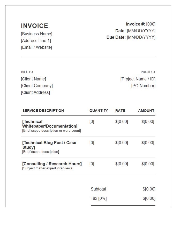 Technical Copywriting Service Invoice Template