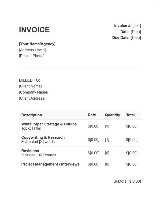 White Paper Copywriting Invoice Template