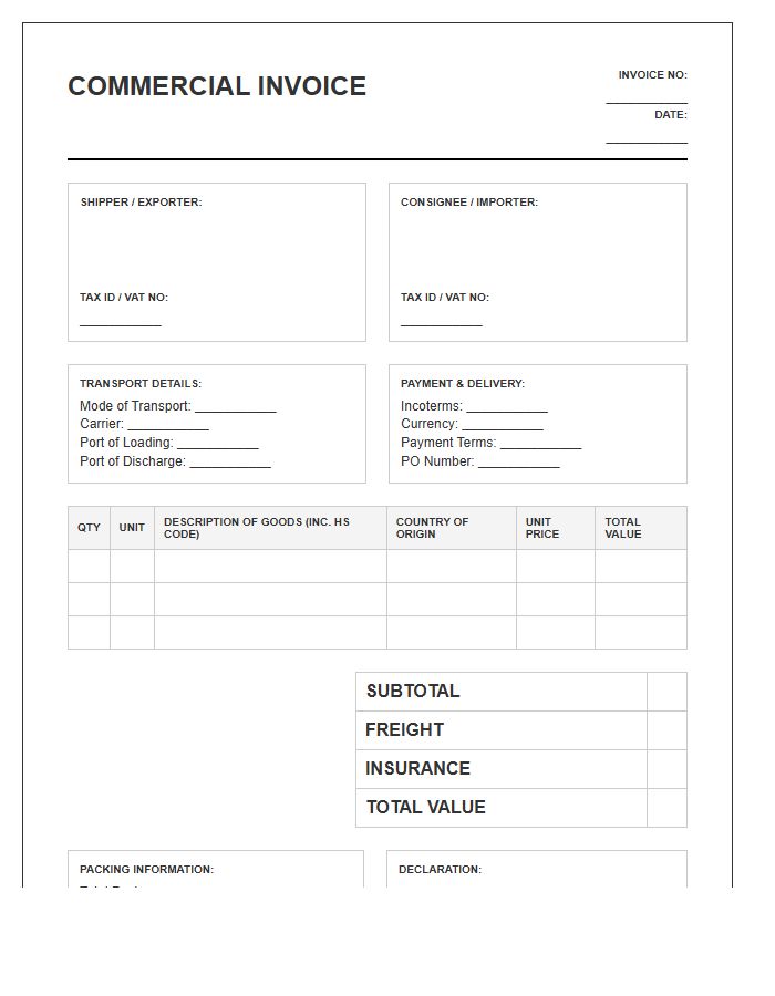 Commercial Export Shipping Invoice Template