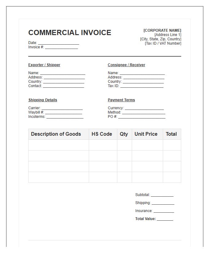 Corporate International Shipping Invoice Template