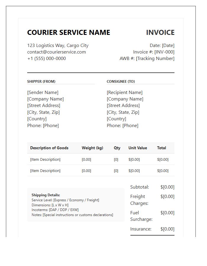 Courier Service International Shipping Invoice Template