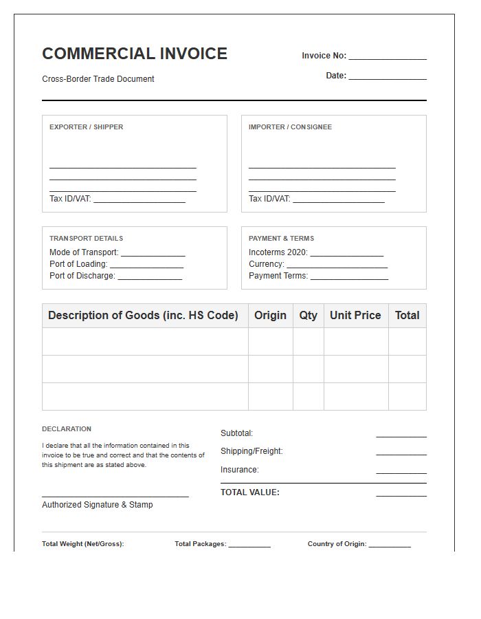 Cross Border Trade Shipping Invoice Template
