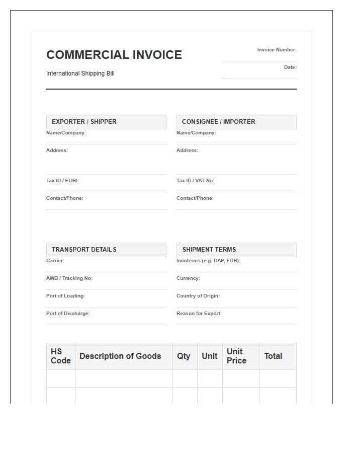 Detailed International Shipping Bill Invoice Template