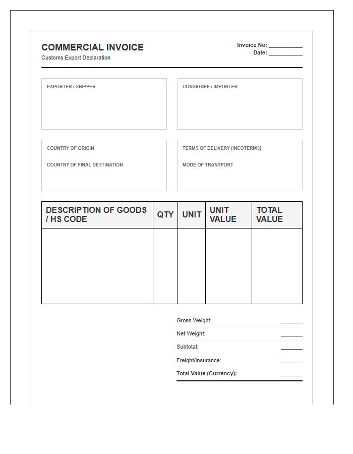 Export Customs Declaration Shipping Invoice Template