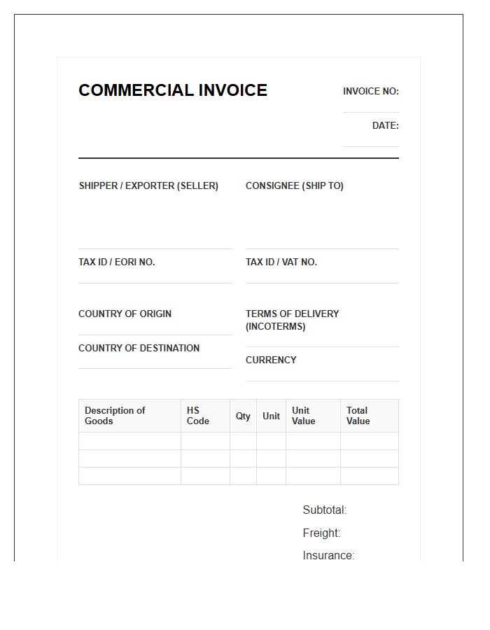Formal International Shipping Invoice Template