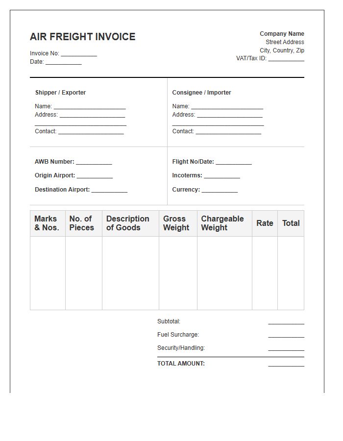 International Air Freight Shipping Invoice Template