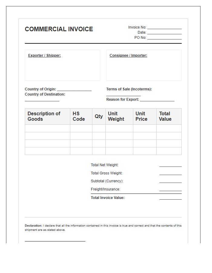 International Commercial Shipping Invoice Template