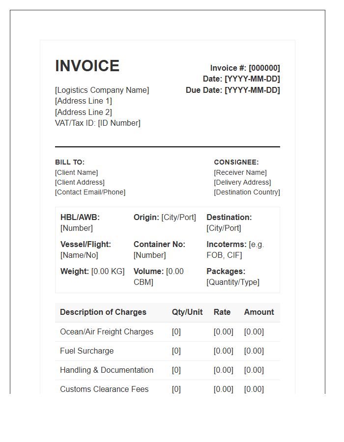 International Freight Logistics Invoice Template