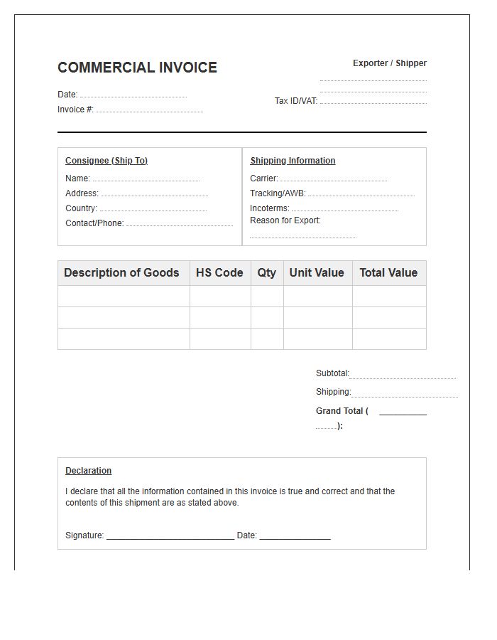 International Goods Shipping Invoice Template